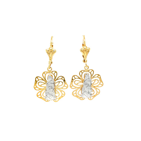 Virgin Mary Flower Dangle Earrings 14k gold filled and silver tone, showcasing elegant gold filigree designs with central silver elements. These lead and nickel-free earrings boast intricate patterns and delicate hooks for wearing, highlighted against a simple white background to enhance the design details.